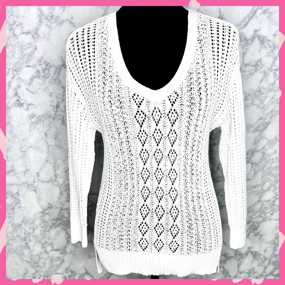 WHBM White LINEN Blend Open Knit Sweater Women’s Small V-Neck - Picture 10 of 10